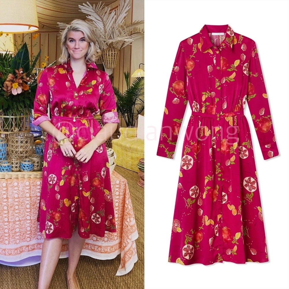 MOLLY MOORKAMP Janie 100% Silk Pomander Print Shirt Dress in Raspberry Pink